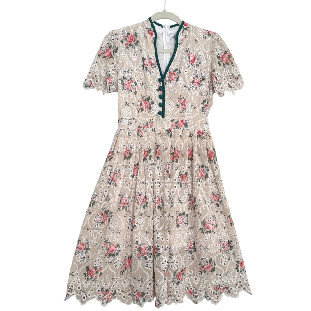LEEAUDY QUEEN Floral‎ Lace Eyelet Dress Cottagecore Coquette Vintage Inspired M